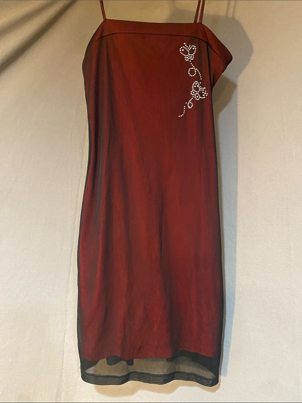 Red Spaghetti-Strap Slip Dress with Rhinestone Detail